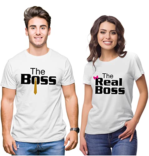 Hangout Hub Hangout-Hub024$P Couple Tshirts for Couples | Printed The Boss The Real Boss T-Shirts | Men's and Women's Round Neck T-Shirt (Pack of 2, Cotton, Half Sleeves)|B07B6LCRB4