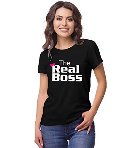 Hangout Hub Hangout-Hub024$P Couple Tshirts for Couples | Printed The Boss The Real Boss T-Shirts | Men's and Women's Round Neck T-Shirt (Pack of 2, Cotton, Half Sleeves)|B07B6LCRB4