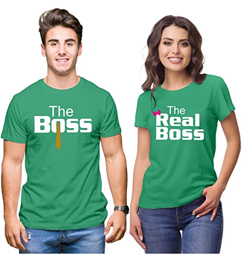 Hangout Hub Hangout-Hub024$P Couple Tshirts for Couples | Printed The Boss The Real Boss T-Shirts | Men's and Women's Round Neck T-Shirt (Pack of 2, Cotton, Half Sleeves)|B07B6LCRB4