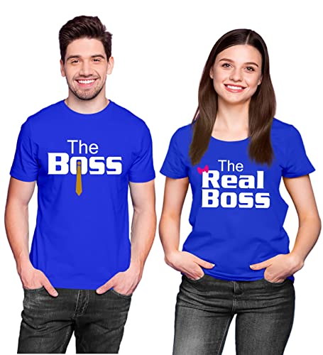Hangout Hub Hangout-Hub024$P Couple Tshirts for Couples | Printed The Boss The Real Boss T-Shirts | Men's and Women's Round Neck T-Shirt (Pack of 2, Cotton, Half Sleeves)|B07B6LCRB4