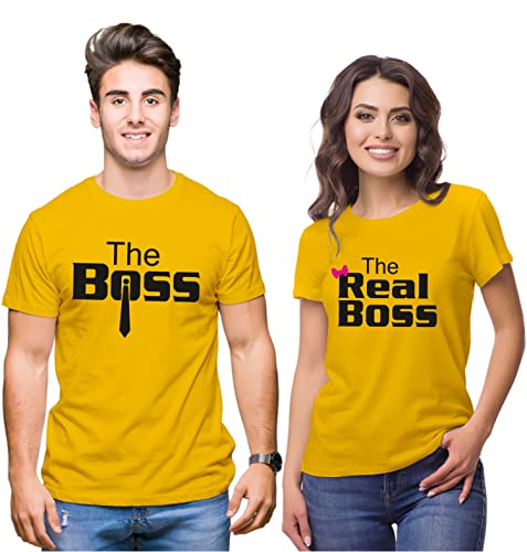 Hangout Hub Hangout-Hub024$P Couple Tshirts for Couples | Printed The Boss The Real Boss T-Shirts | Men's and Women's Round Neck T-Shirt (Pack of 2, Cotton, Half Sleeves)|B07B6LCRB4