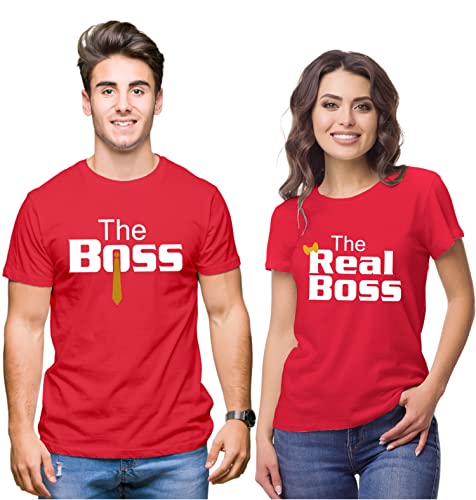 Hangout Hub Hangout-Hub024$P Couple Tshirts for Couples | Printed The Boss The Real Boss T-Shirts | Men's and Women's Round Neck T-Shirt (Pack of 2, Cotton, Half Sleeves)|B07B6LCRB4
