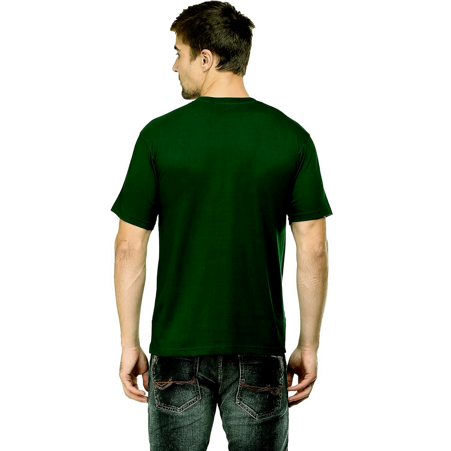 Back view of a man wearing a dark green short-sleeve t-shirt and jeans