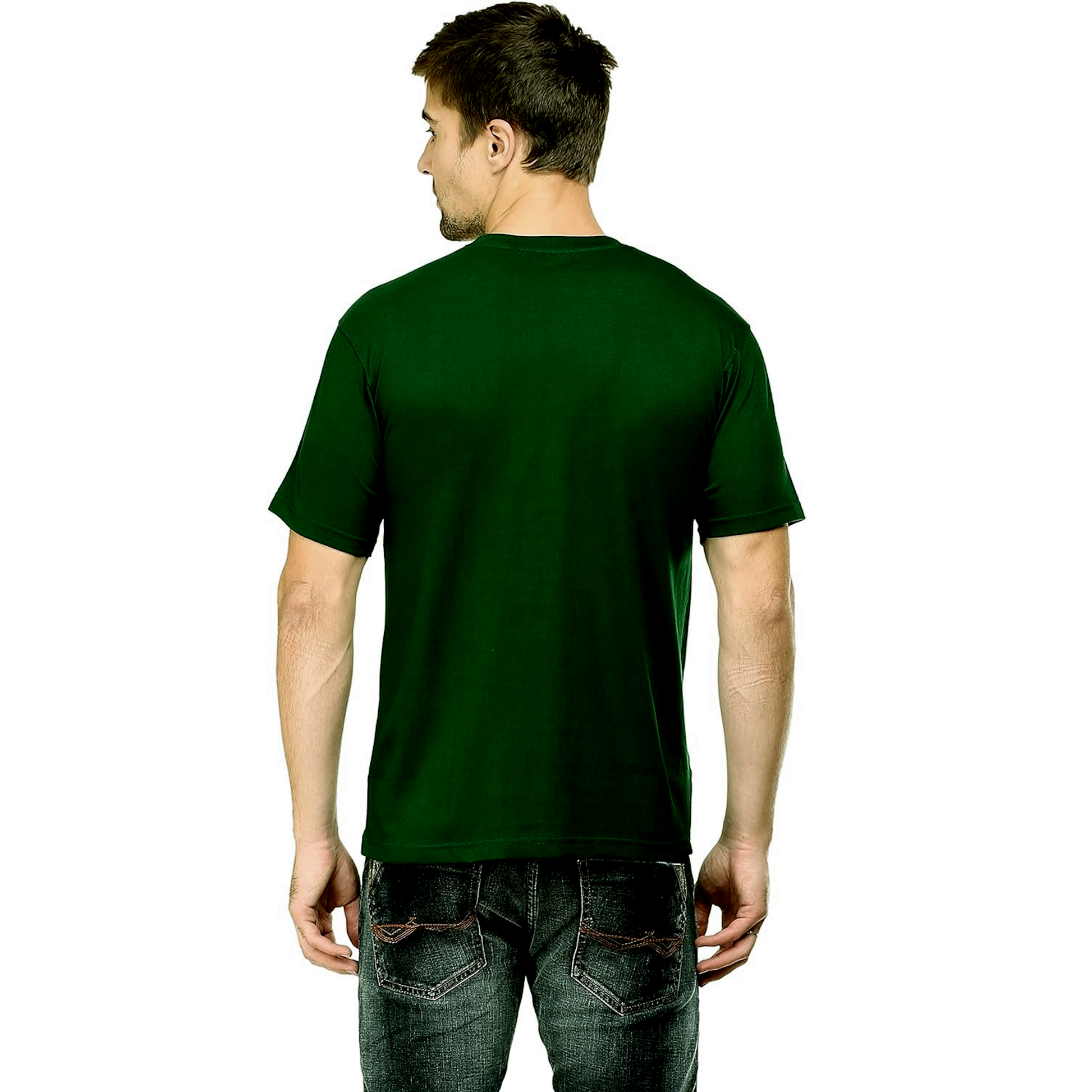 Back view of a man wearing a dark green short-sleeve t-shirt and jeans