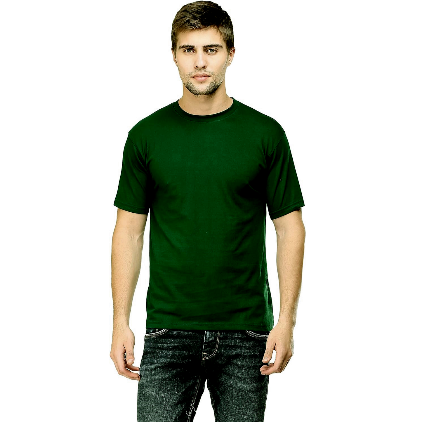 Man wearing plain dark green crew neck T-shirt and jeans on a white background