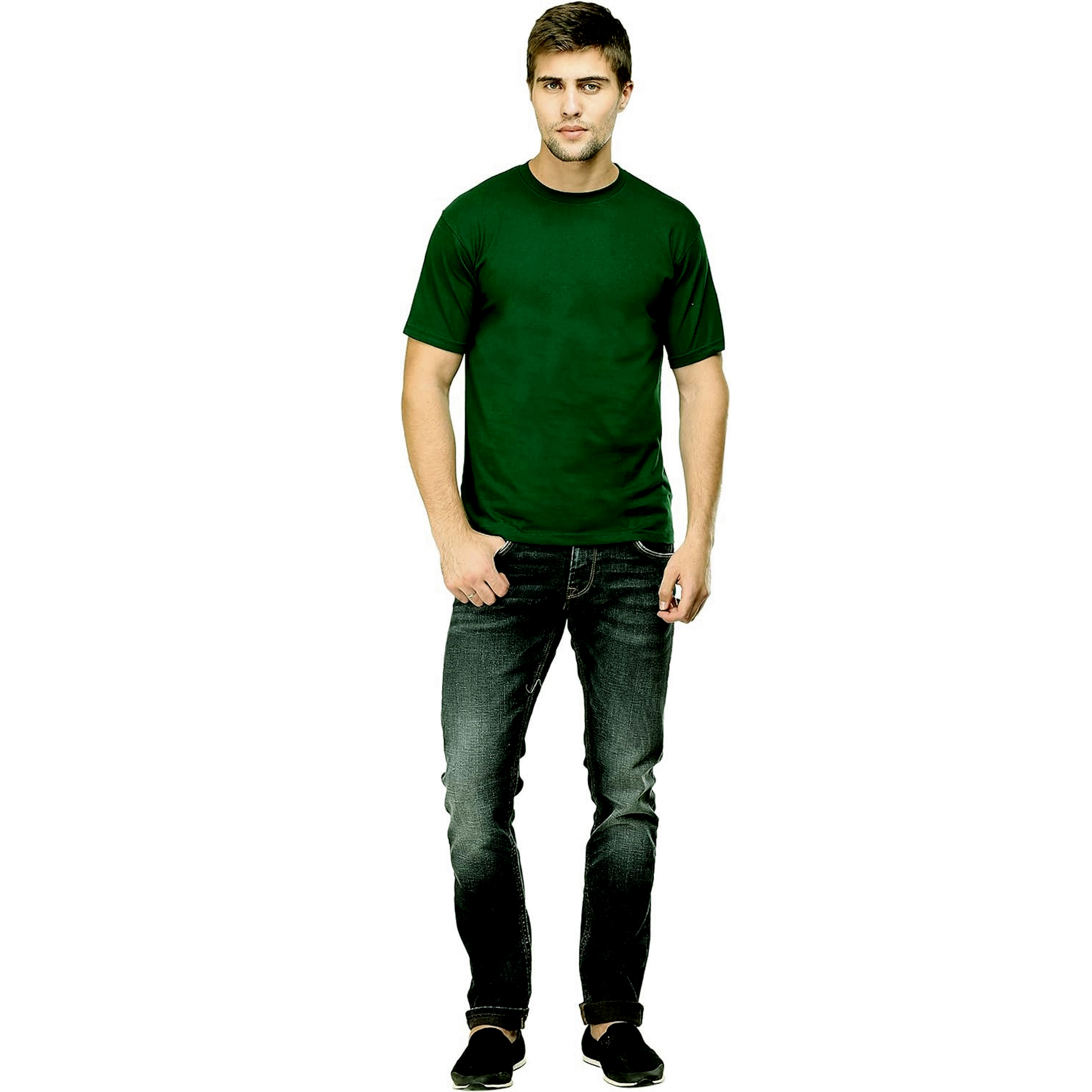 Man wearing dark green short sleeve t-shirt with black jeans, casual fashion style