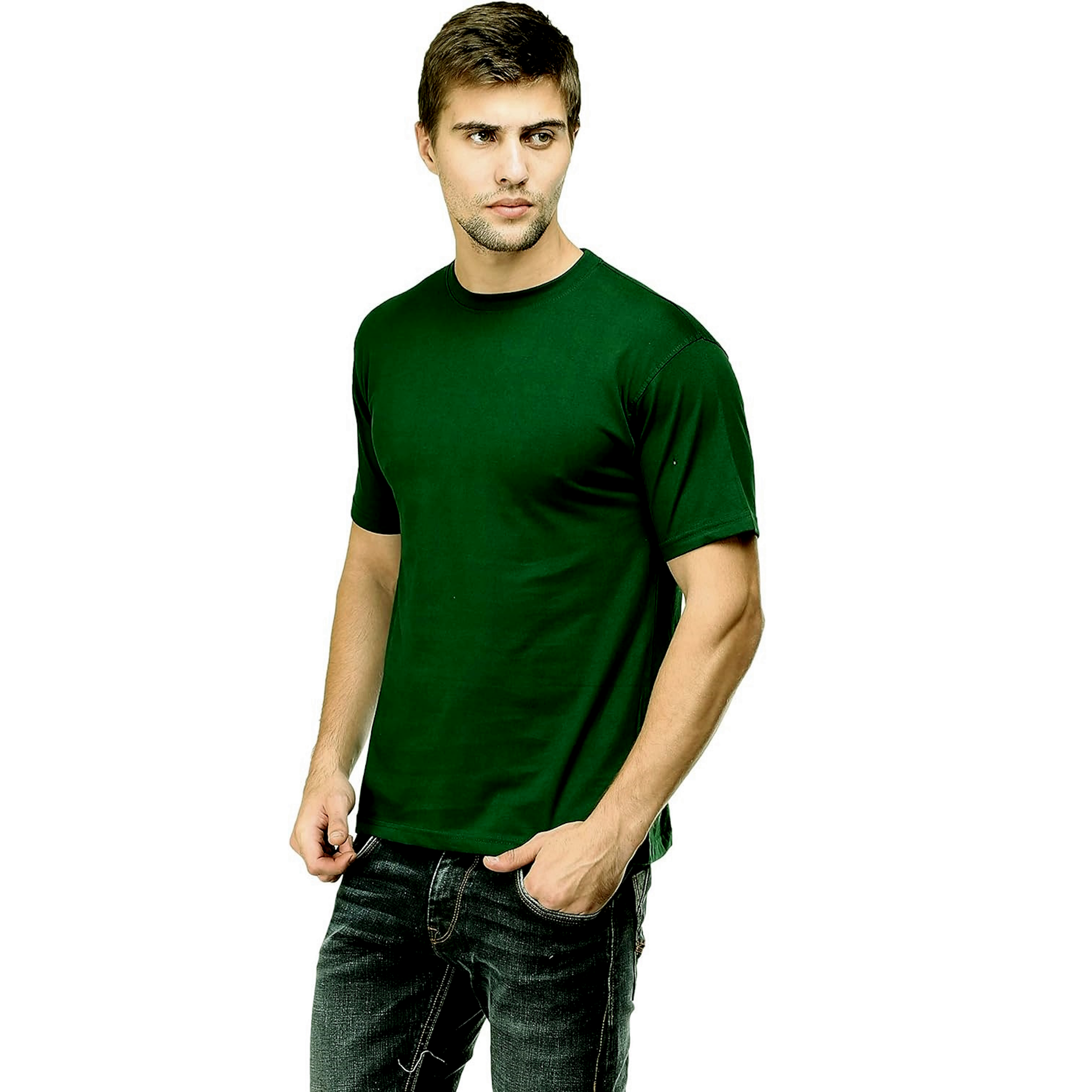 Man wearing dark green men's t-shirt with short sleeves and crew neck, paired with jeans
