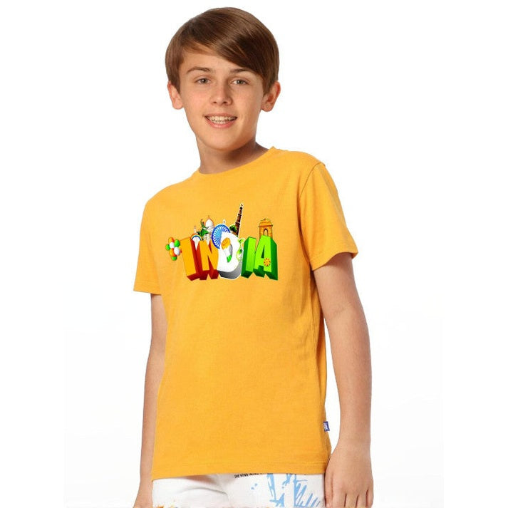 Double F Republic day printed tshirts for boys half sleeve cotton  in golden Yellow color - Double F