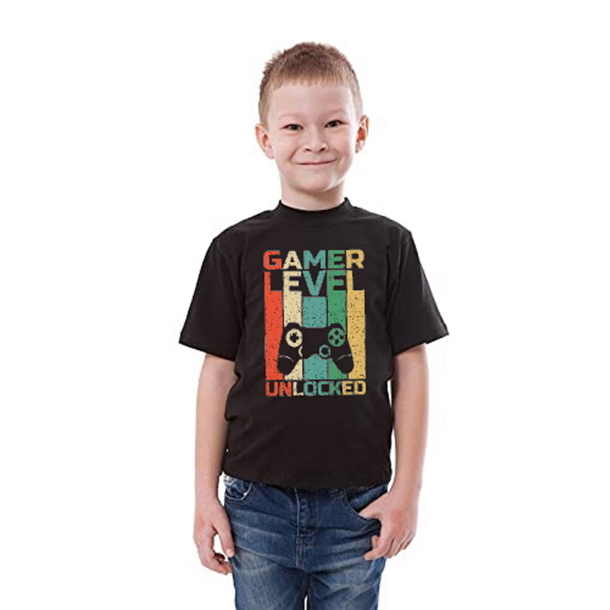 Game Level Unlocking Printed Black Kids T-Shirt | 100% Cotton Bio-Wash Round Neck Half Sleeve (6 Months–16 Years) - Double F
