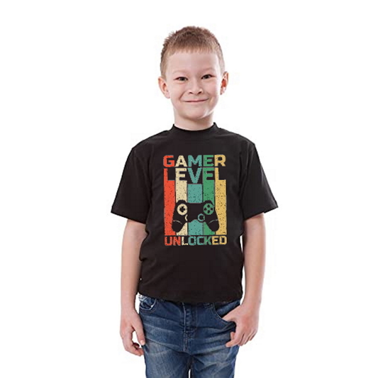 Game Level Unlocking Printed Black Kids T-Shirt | 100% Cotton Bio-Wash Round Neck Half Sleeve (6 Months–16 Years) - Double F