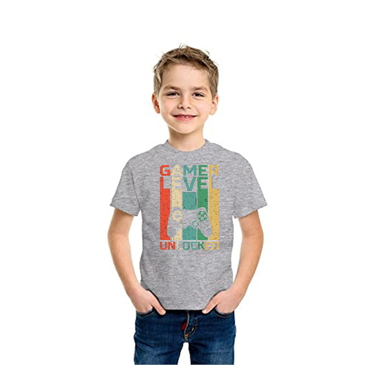 Game Level Unlocking Printed Grey Kids T-Shirt | 100% Cotton Bio-Wash Round Neck Half Sleeve (6 Months–16 Years) - Double F