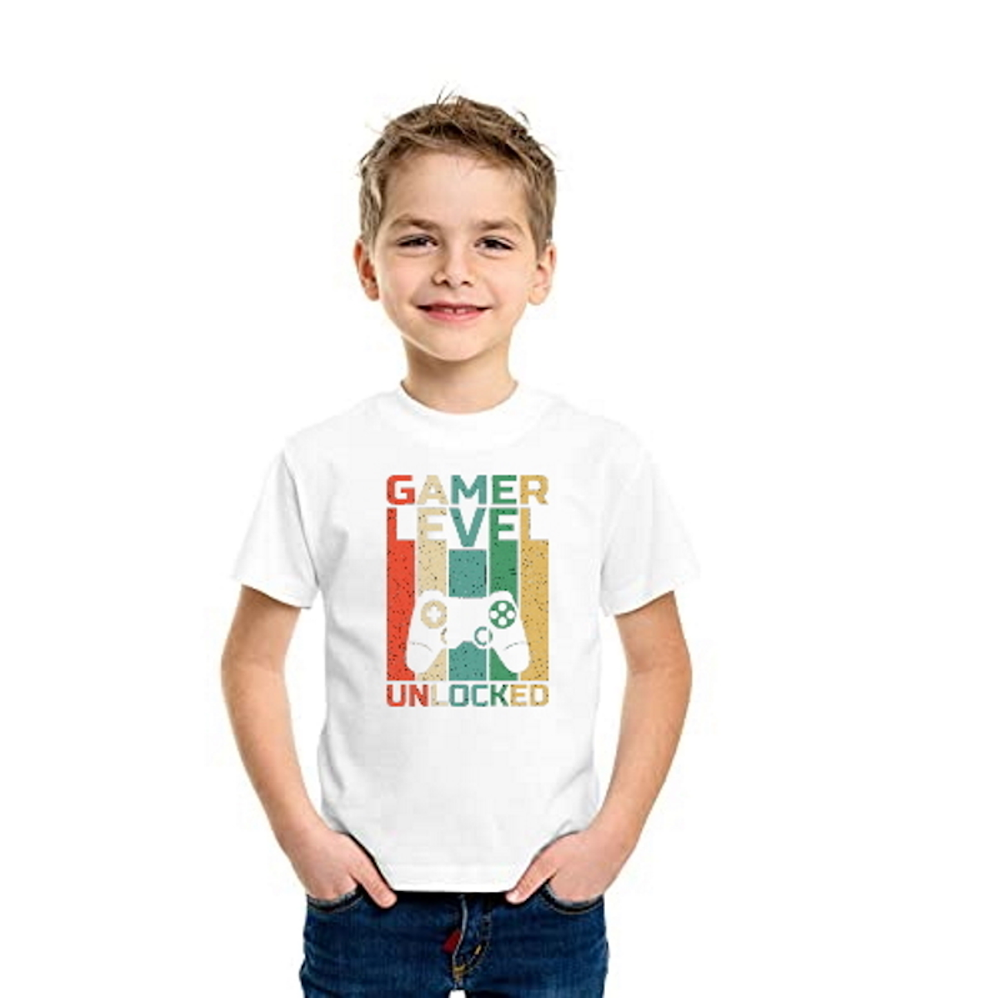 Game Level Unlocking Printed White Kids T-Shirt | 100% Cotton Bio-Wash Round Neck Half Sleeve (6 Months–16 Years) - Double F