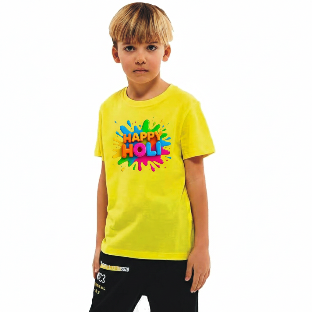 Happy holi Printed Yellow Kids T-Shirt | 100% Cotton Bio-Wash Round Neck Half Sleeve (6 Months–16 Years)