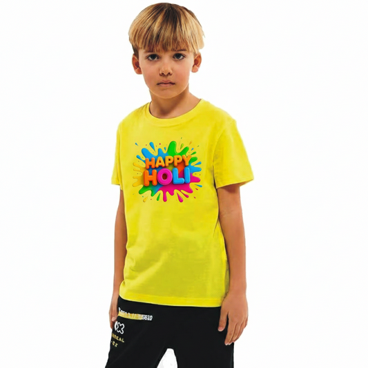 Happy holi Printed Yellow Kids T-Shirt | 100% Cotton Bio-Wash Round Neck Half Sleeve (6 Months–16 Years)
