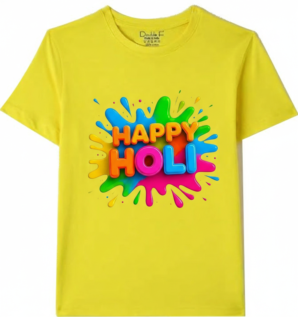 Happy holi Printed Yellow Kids T-Shirt | 100% Cotton Bio-Wash Round Neck Half Sleeve (6 Months–16 Years)