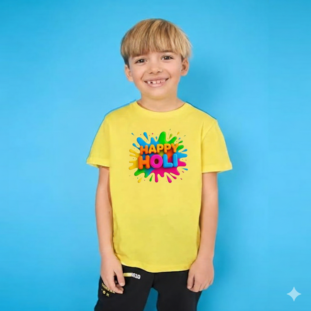 Happy holi Printed Yellow Kids T-Shirt | 100% Cotton Bio-Wash Round Neck Half Sleeve (6 Months–16 Years)