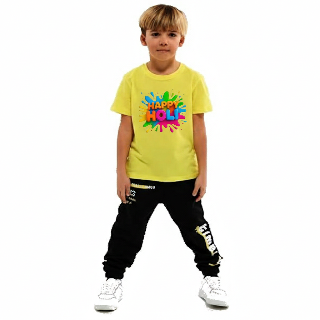 Happy holi Printed Yellow Kids T-Shirt | 100% Cotton Bio-Wash Round Neck Half Sleeve (6 Months–16 Years)