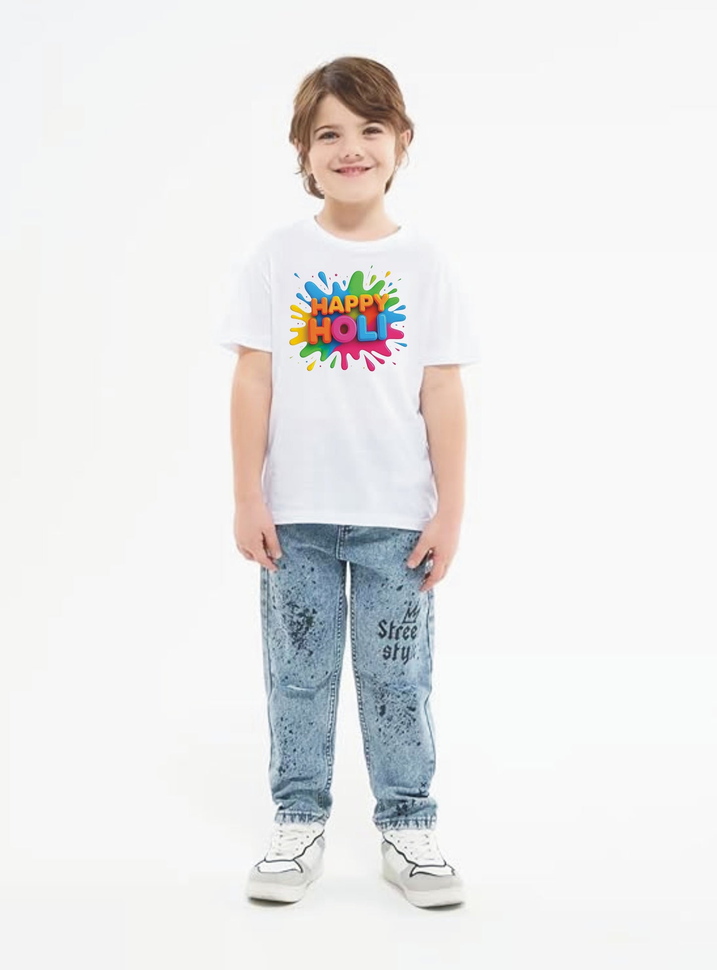 Happy holi Printed White Kids T-Shirt | 100% Cotton Bio-Wash Round Neck Half Sleeve (6 Months–16 Years)
