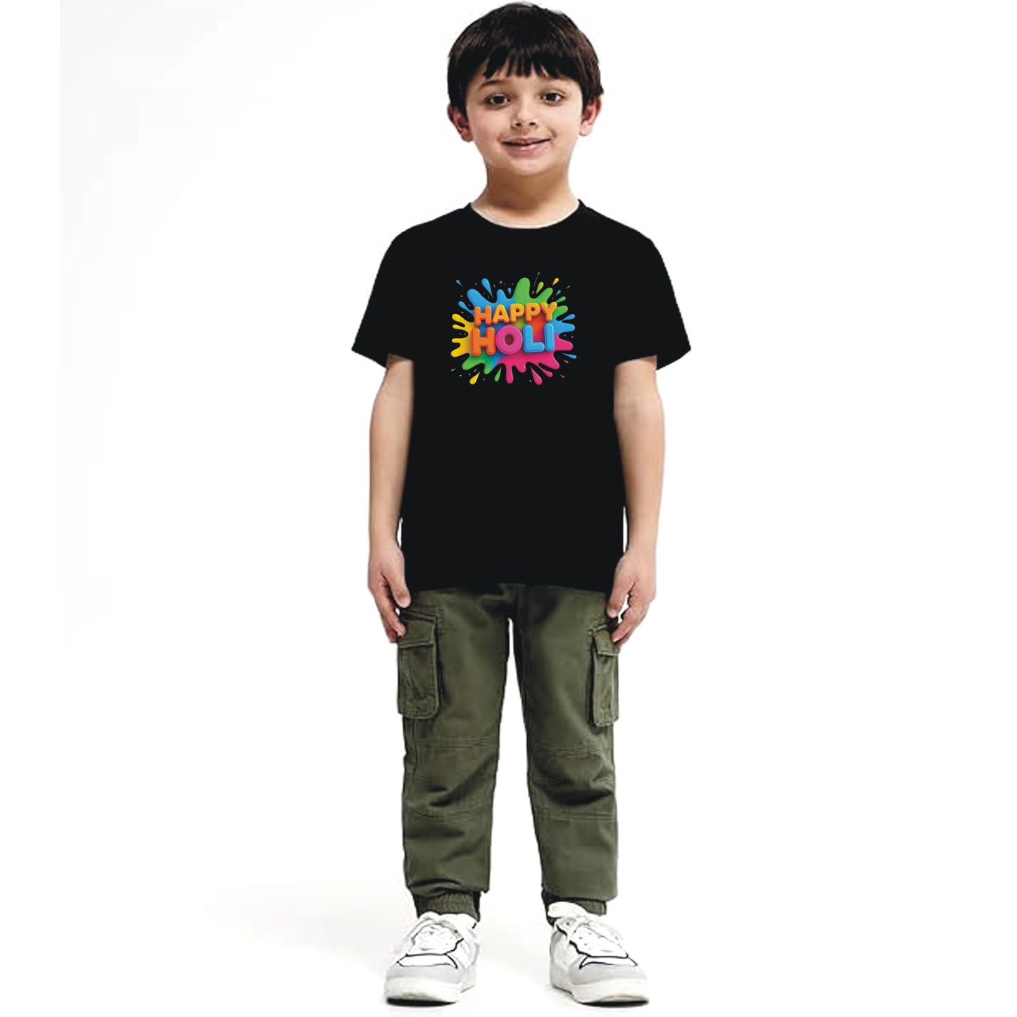 Happy holi Printed Black Kids T-Shirt | 100% Cotton Bio-Wash Round Neck Half Sleeve (6 Months–16 Years)