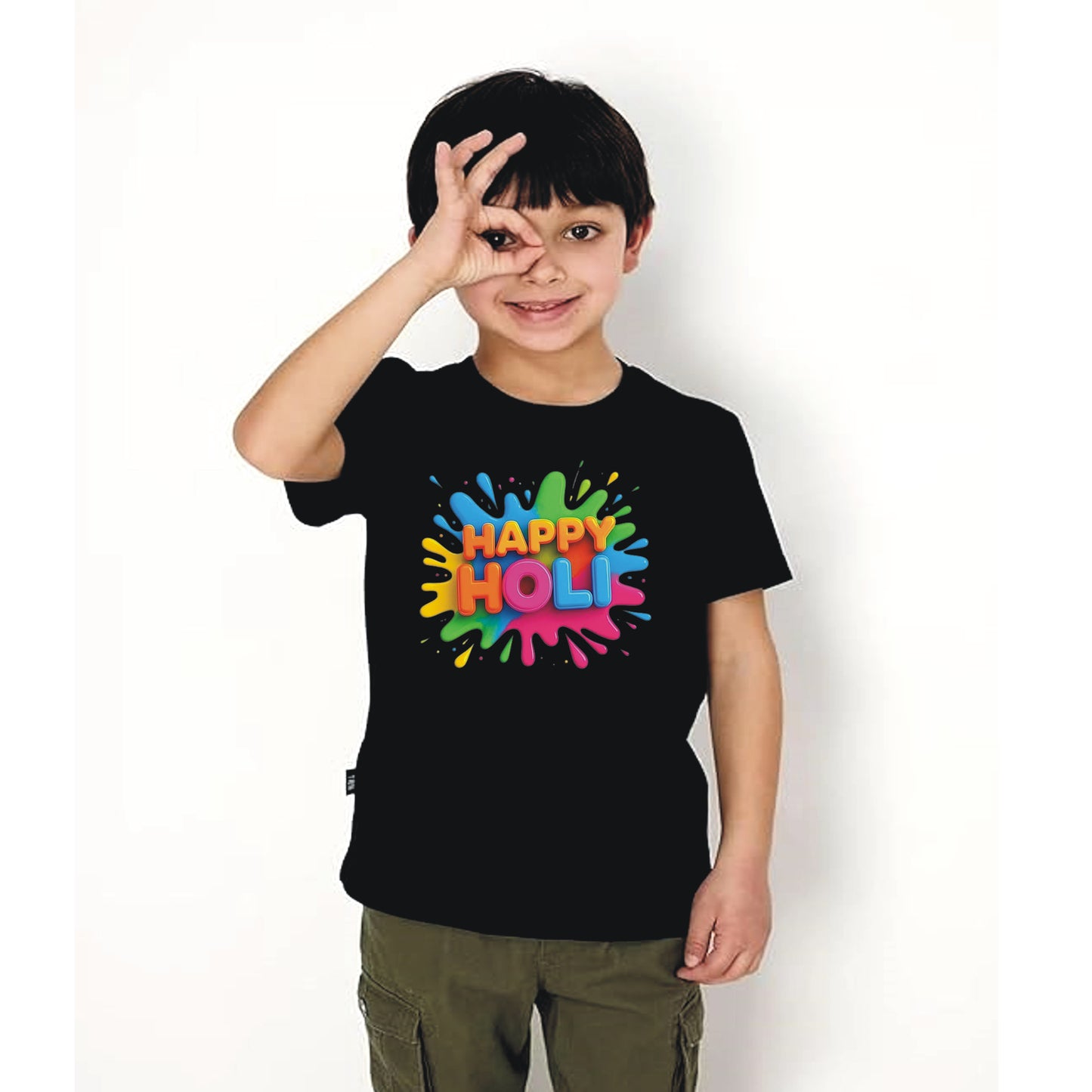 Happy holi Printed Black Kids T-Shirt | 100% Cotton Bio-Wash Round Neck Half Sleeve (6 Months–16 Years)