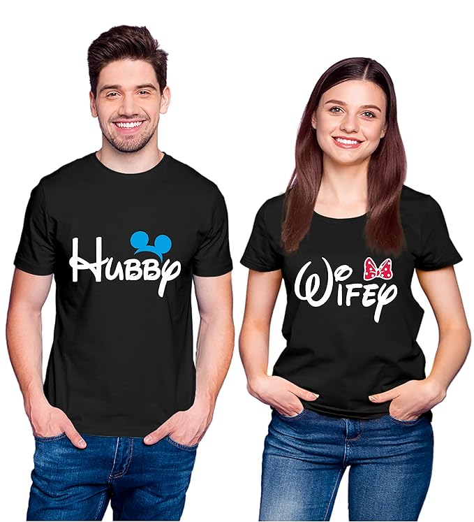 Couple Tshirts for Couples | Printed Hubby Wife  T-Shirts | Men's and Women's Round Neck T-Shirt (Pack of 2, Cotton, Half Sleeves)