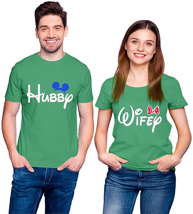 Couple Tshirts for Couples | Printed Hubby Wife  T-Shirts | Men's and Women's Round Neck T-Shirt (Pack of 2, Cotton, Half Sleeves)