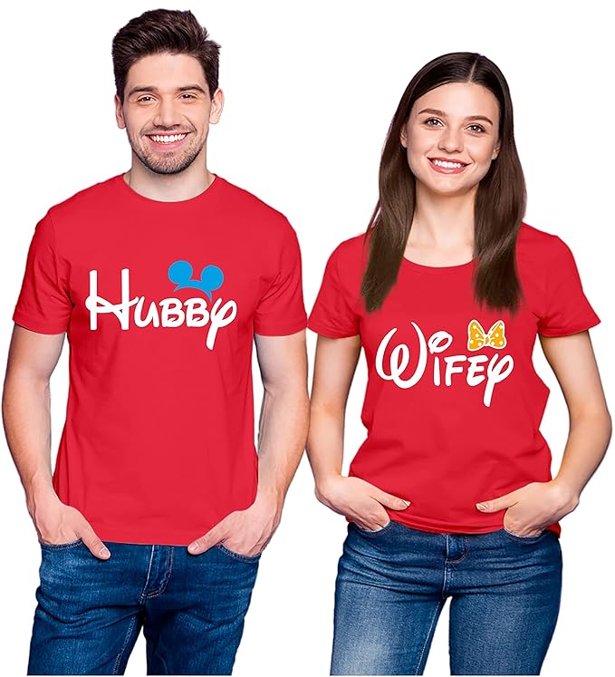 Couple Tshirts for Couples | Printed Hubby Wife  T-Shirts | Men's and Women's Round Neck T-Shirt (Pack of 2, Cotton, Half Sleeves)