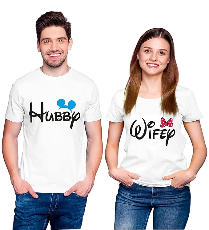 Couple Tshirts for Couples | Printed Hubby Wife  T-Shirts | Men's and Women's Round Neck T-Shirt (Pack of 2, Cotton, Half Sleeves)