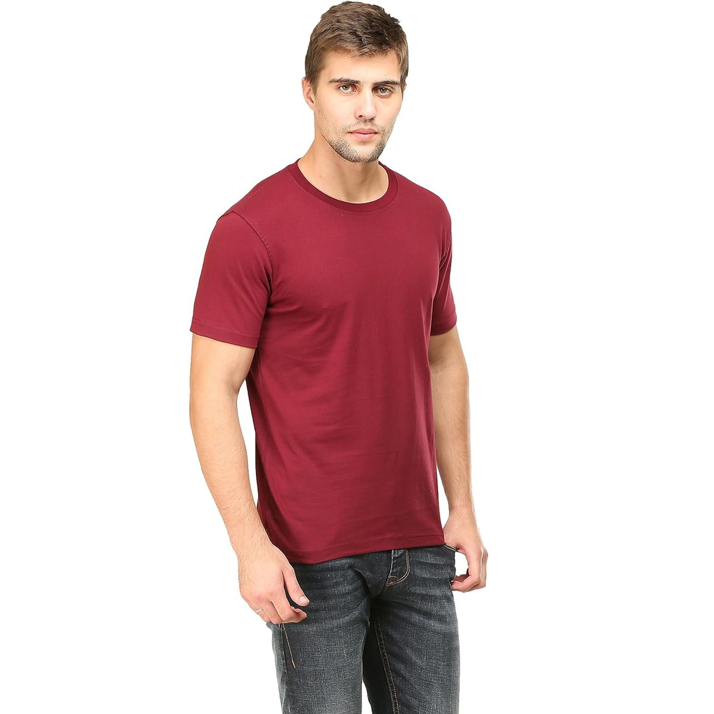 Double F Plain T-Shirts for Men | Half Sleeve Pure Cotton Bio Wash Maroon - Double F