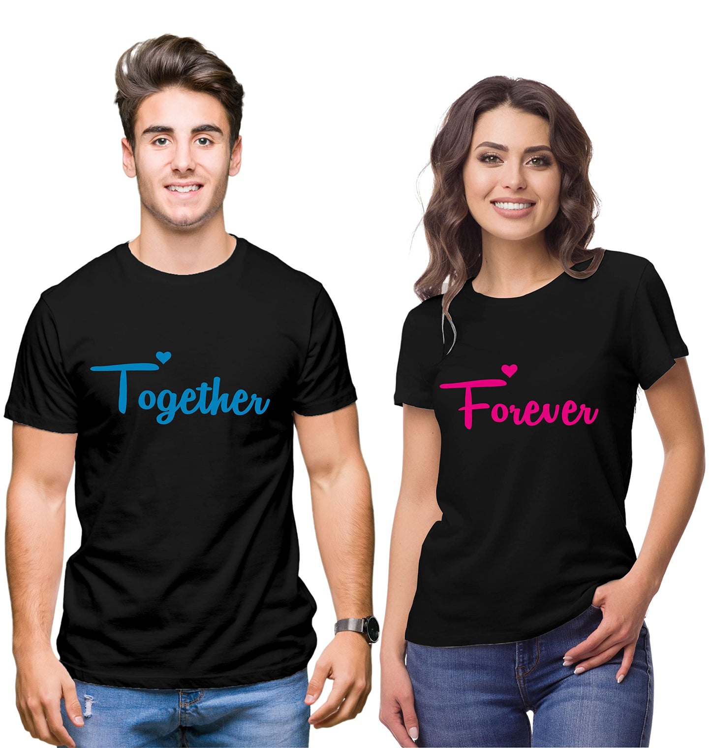 Couple Tshirts for Couples | Printed Together Forever T-Shirts | Men's and Women's Round Neck T-Shirt (Pack of 2, Cotton, Half Sleeves)