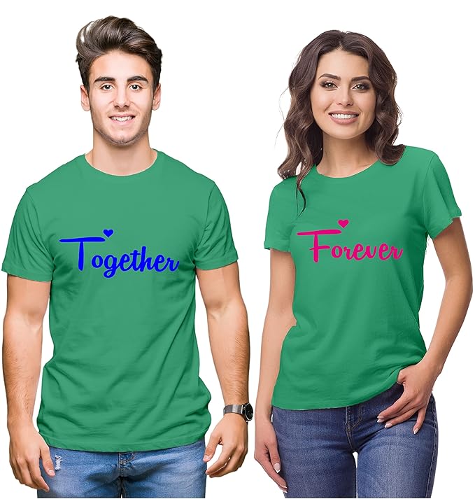Couple Tshirts for Couples | Printed Together Forever T-Shirts | Men's and Women's Round Neck T-Shirt (Pack of 2, Cotton, Half Sleeves)