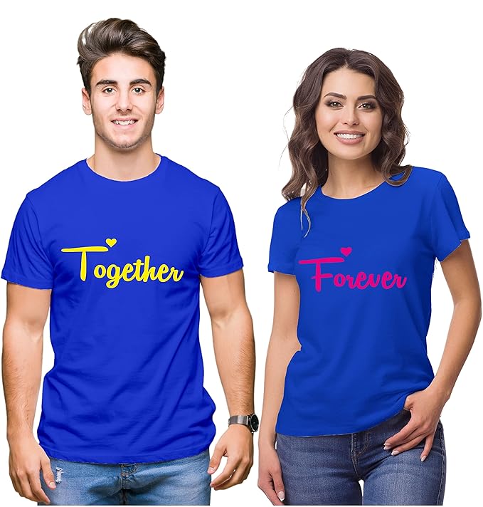 Couple Tshirts for Couples | Printed Together Forever T-Shirts | Men's and Women's Round Neck T-Shirt (Pack of 2, Cotton, Half Sleeves)