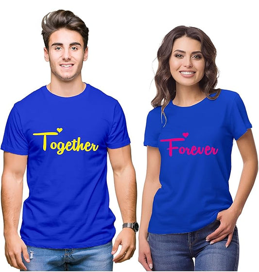 Couple Tshirts for Couples | Printed Together Forever T-Shirts | Men's and Women's Round Neck T-Shirt (Pack of 2, Cotton, Half Sleeves)