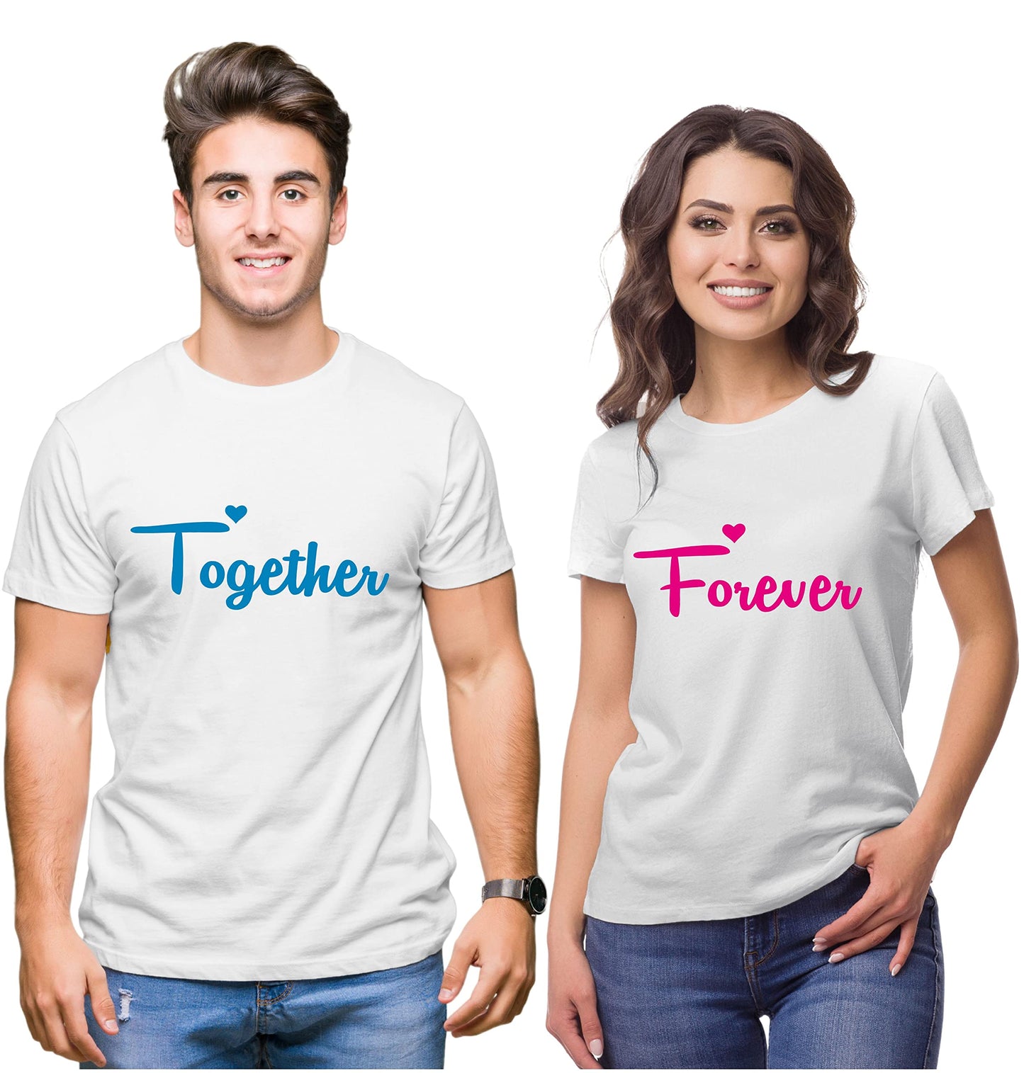 Couple Tshirts for Couples | Printed Together Forever T-Shirts | Men's and Women's Round Neck T-Shirt (Pack of 2, Cotton, Half Sleeves)
