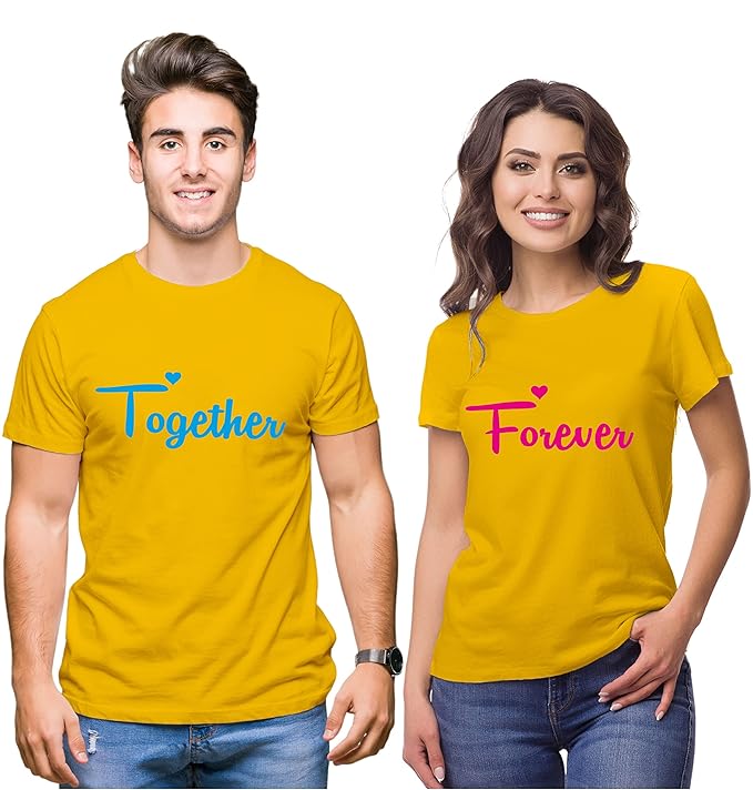 Couple Tshirts for Couples | Printed Together Forever T-Shirts | Men's and Women's Round Neck T-Shirt (Pack of 2, Cotton, Half Sleeves)