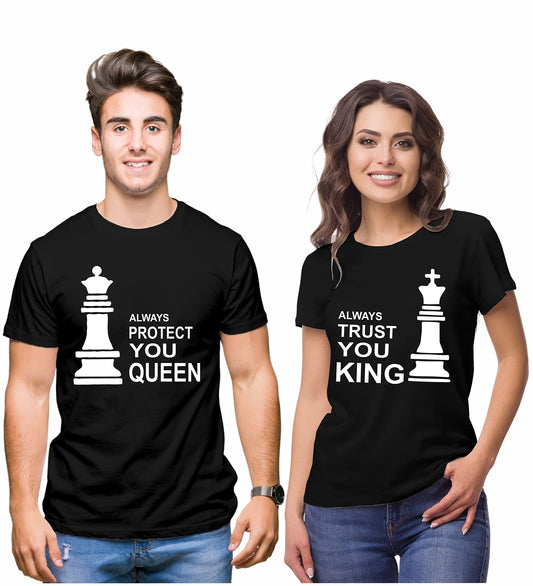 Couple Tshirts for Couples | Printed Always Protect You Queen Trust You King T-Shirts | Men's and Women's Round Neck T-Shirt - Double F