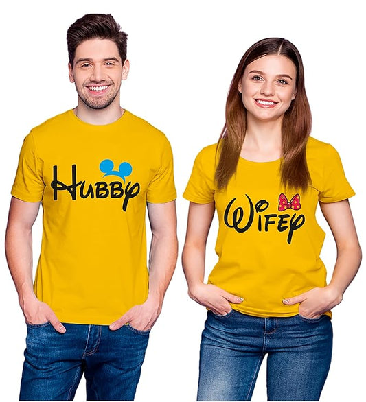Couple Tshirts for Couples | Printed Hubby Wife T-Shirts | Men's and Women's Round Neck T-Shirt (Pack of 2, Cotton, Half Sleeves) - Double F