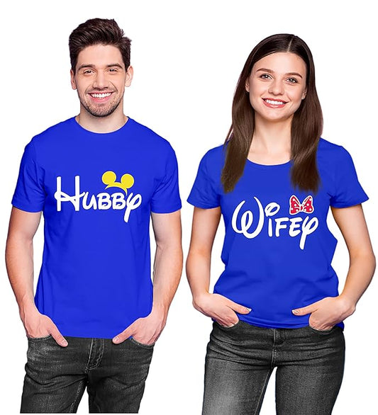 Couple Tshirts for Couples | Printed Hubby Wife T-Shirts | Men's and Women's Round Neck T-Shirt (Pack of 2, Cotton, Half Sleeves) - Double F
