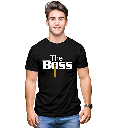 Couple Tshirts for Couples | Printed The Boss The Real Boss T-Shirts | Men's and Women's Round Neck T-Shirt (Pack of 2, Cotton, Half Sleeves) - Double F