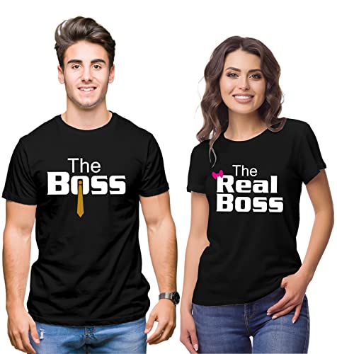 Couple Tshirts for Couples | Printed The Boss The Real Boss T-Shirts | Men's and Women's Round Neck T-Shirt (Pack of 2, Cotton, Half Sleeves) - Double F