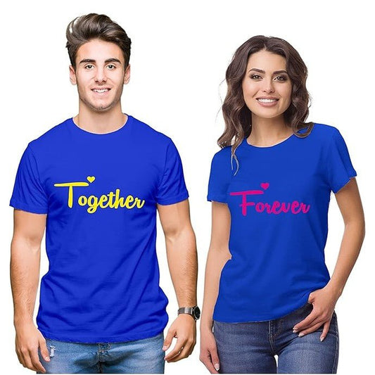 Couple Tshirts for Couples | Printed Together Forever T-Shirts | Men's and Women's Round Neck T-Shirt (Pack of 2, Cotton, Half Sleeves) - Double F