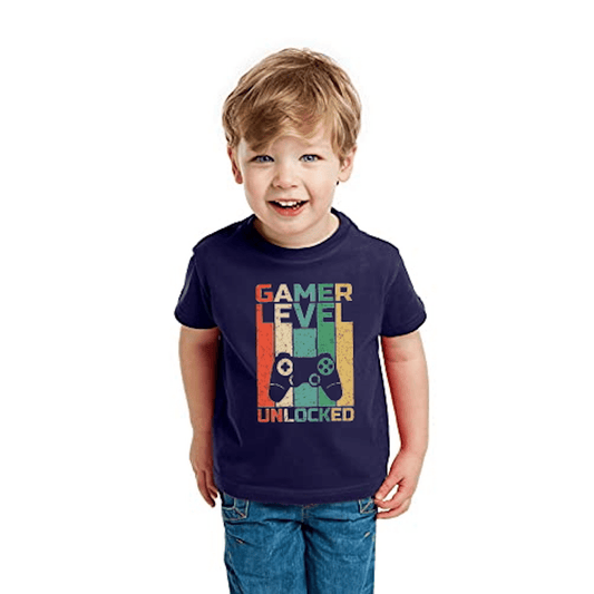 Game Level Unlocking Printed Navy Blue Kids T-Shirt | 100% Cotton Bio - Wash Round Neck Half Sleeve (6 Months–16 Years) - Double F