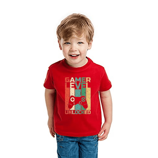 Game Level Unlocking Printed Red Kids T-Shirt | 100% Cotton Bio - Wash Round Neck Half Sleeve (6 Months–16 Years) - Double F
