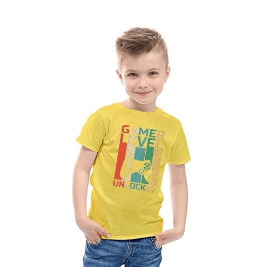 Game Level Unlocking Printed Yellow Kids T-Shirt | 100% Cotton Bio - Wash Round Neck Half Sleeve (6 Months–16 Years) - Double F